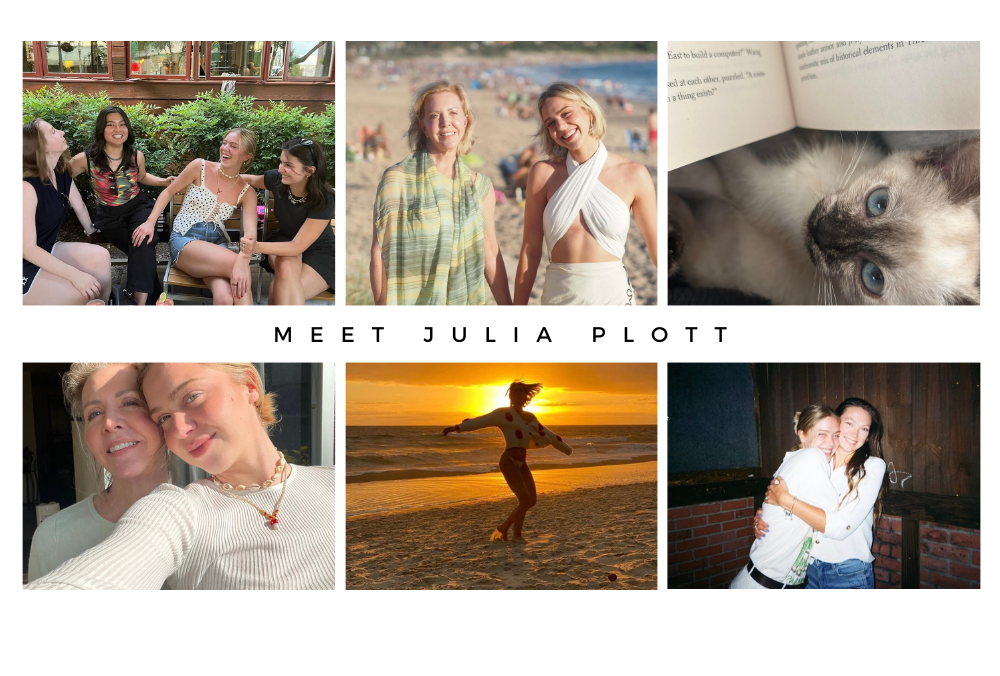 Photo collage of Julia Plott with family and friends and pets.